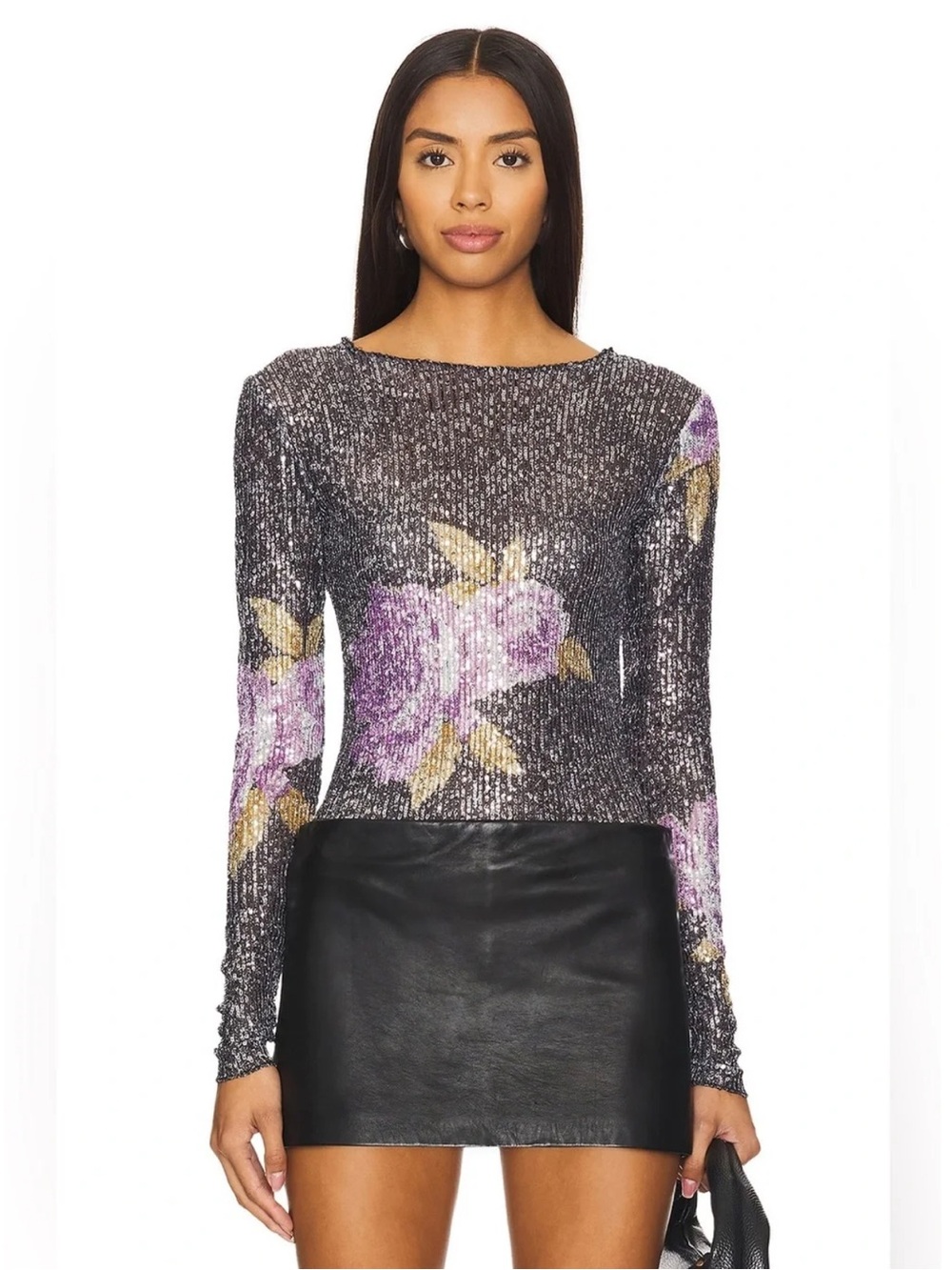 Free People  Gold Rush Long Sleeve Sequin Top Black Combo-Brand New With Tags